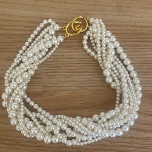 8 Strand Large and Small White Pearl Necklace with Gold Clasp